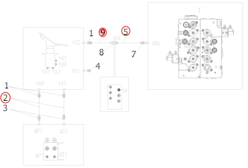 Sunward SWE205E-3H installation diagram showing hydraulic hose 730502000345 at Pipe No. 5