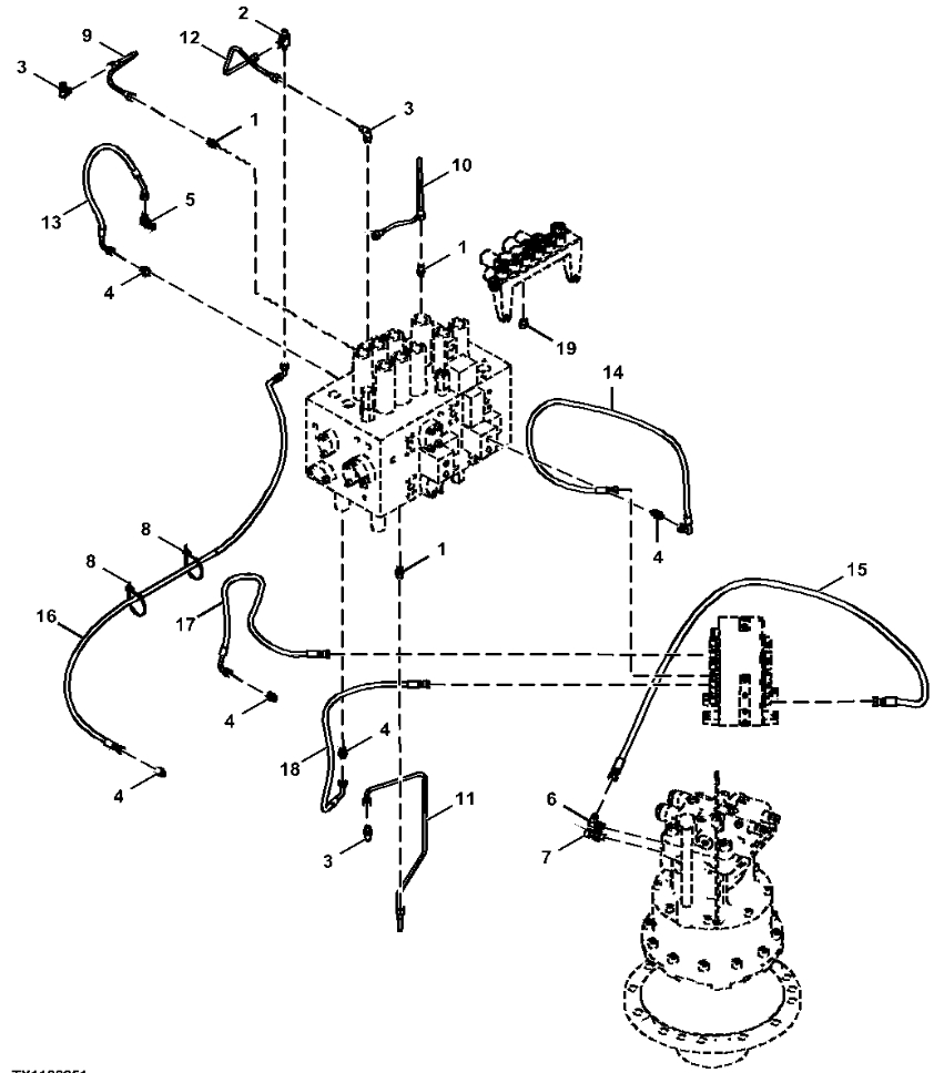 Hitachi ZX180LC-5N installation diagram showing hydraulic hose 4643029 at Pipe No. 13
