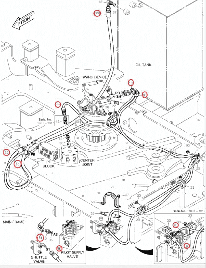 Doosan DX62R-3 installation diagram showing hydraulic hose DS2093008 at Pipe No. 10