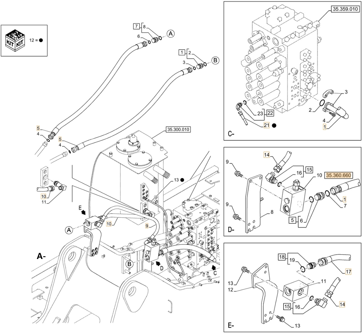 Case CX210D NLC 2PB installation diagram showing hydraulic hose KHJ2054 at Pipe No. A13-C21