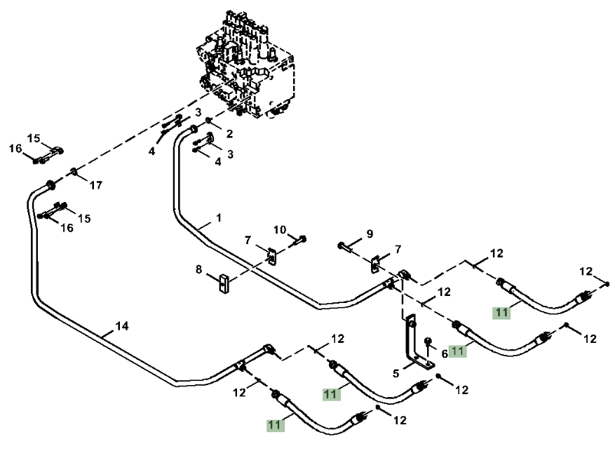 Hitachi ZX130-5N installation diagram showing hydraulic hose 4606397 at Pipe No. 11