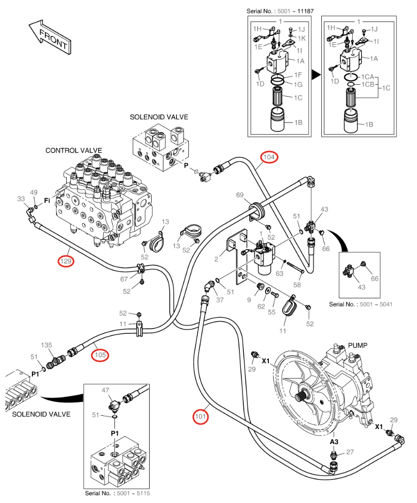 Doosan DX140W installation diagram showing hydraulic hose DS2055950 at Pipe No. 105