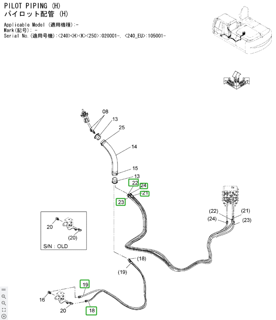 Hitachi ZX240LC-3 installation diagram showing hydraulic hose 4647400 at Pipe No. 21