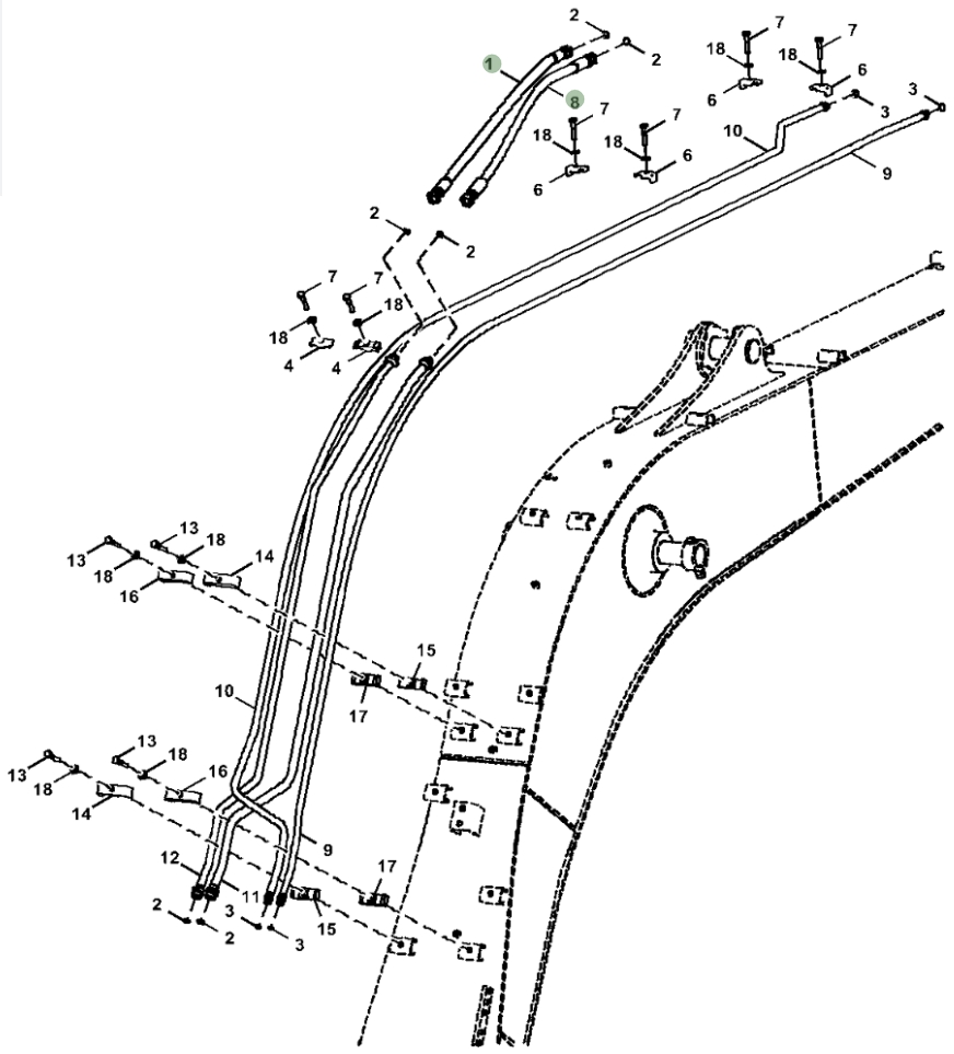 Hitachi ZX130-5N installation diagram showing hydraulic hose 4658964 at Pipe No. 1