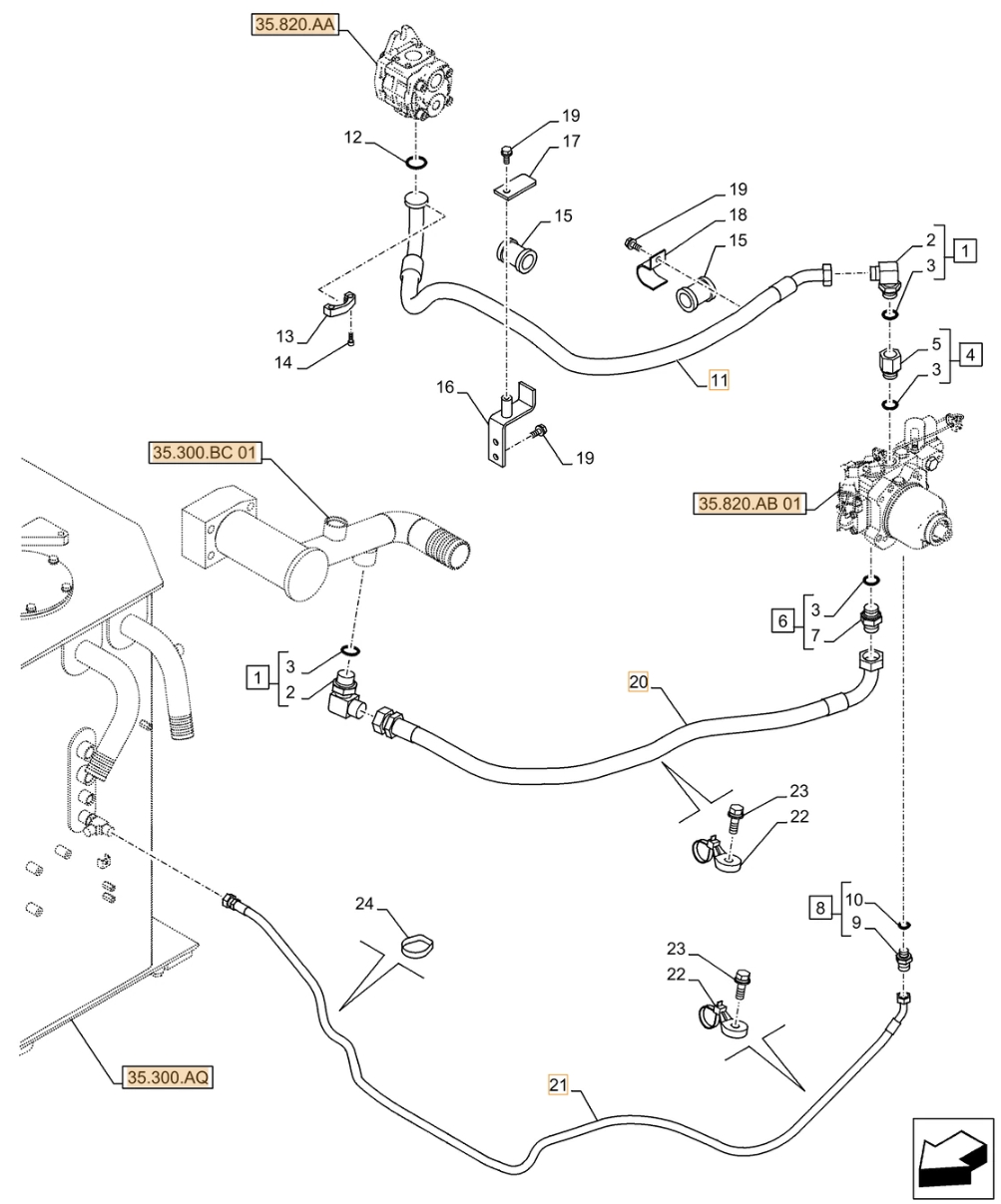 Case CX490D RTC installation diagram showing hydraulic hose KAJ3619 at Pipe No. 20