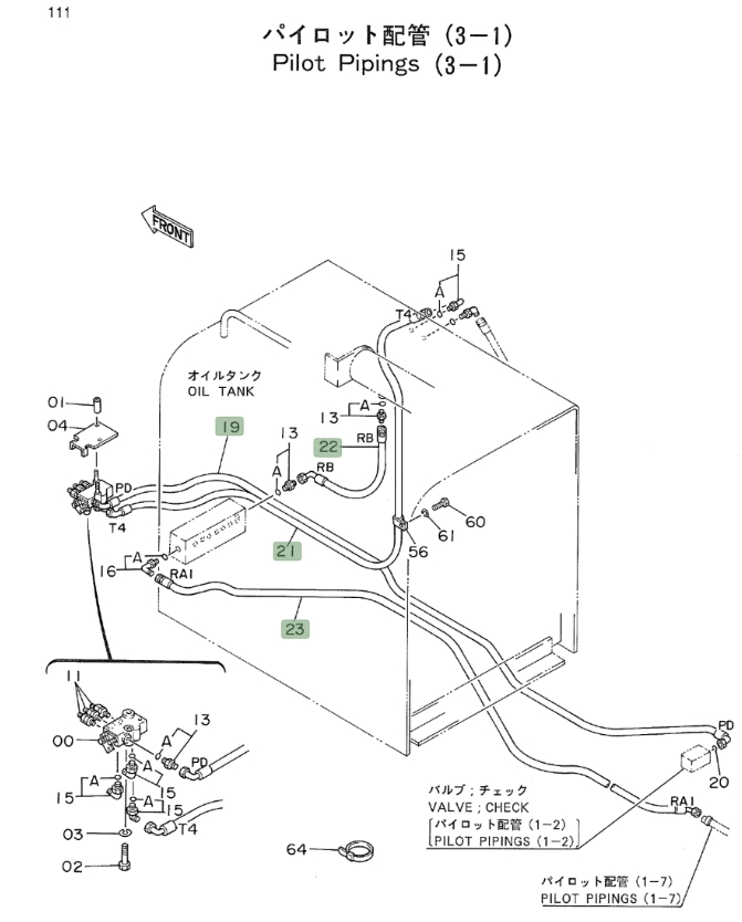 Hitachi EX700 installation diagram showing hydraulic hose 4217398 at Pipe No. 22