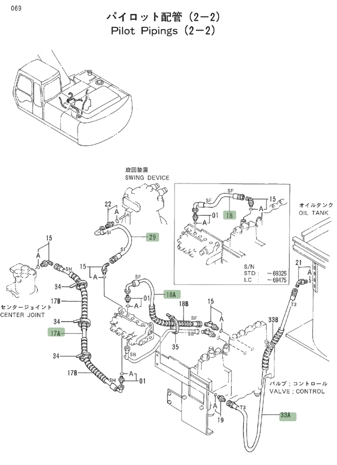 Hitachi EX200LC-2 installation diagram showing hydraulic hose 4278526 at Pipe No. 29