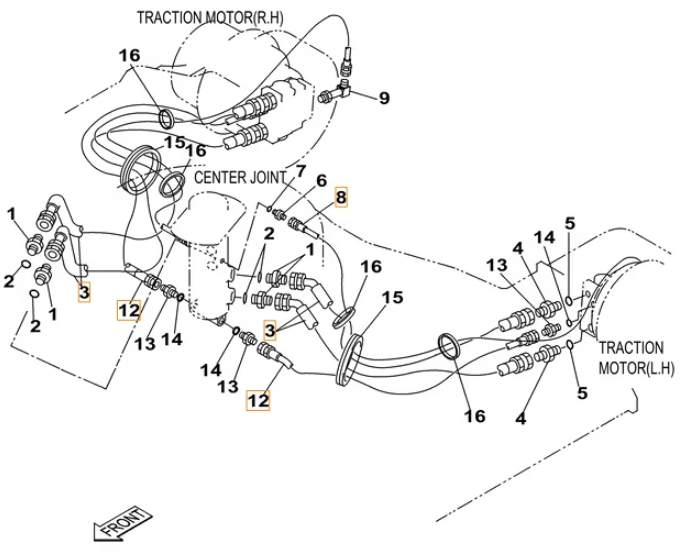 Case CX220B installation diagram showing hydraulic hose 152435A1 at Pipe No. 12