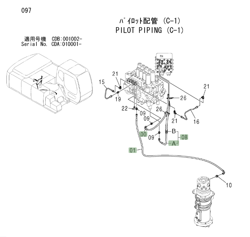 Hitachi ZX210W installation diagram showing hydraulic hose 4427111 at Pipe No. 0