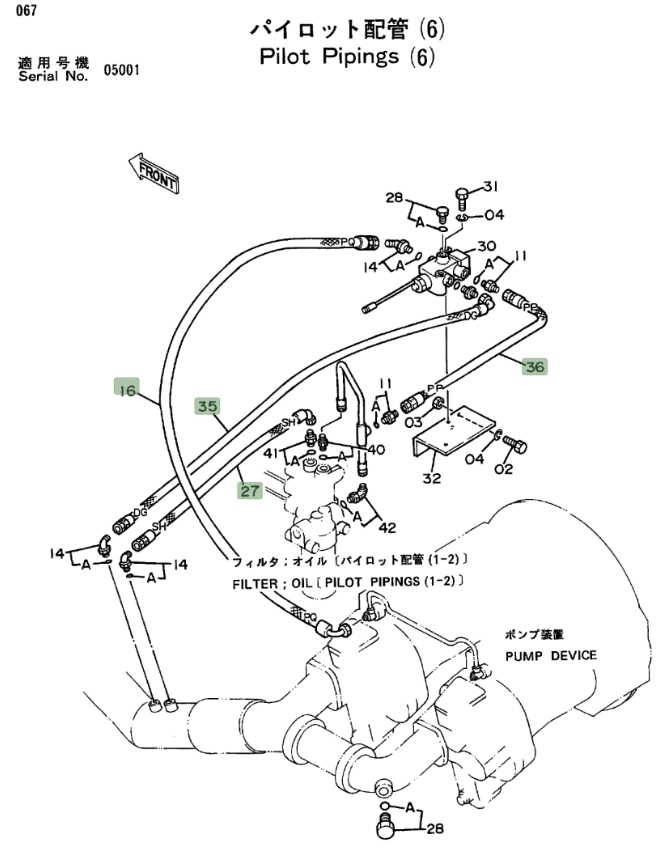Hitachi EX270LC installation diagram showing hydraulic hose 4203085 at Pipe No. 27