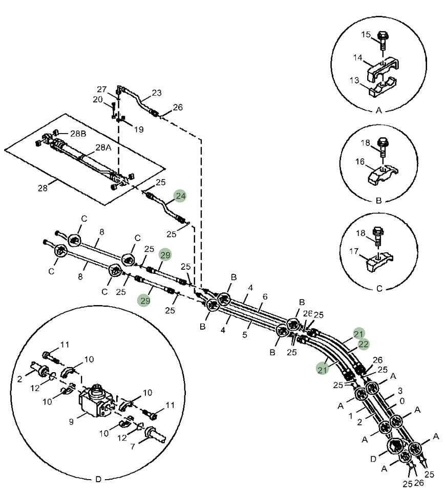 Hitachi ZX210-5N installation diagram showing hydraulic hose 4307644 at Pipe No. 24