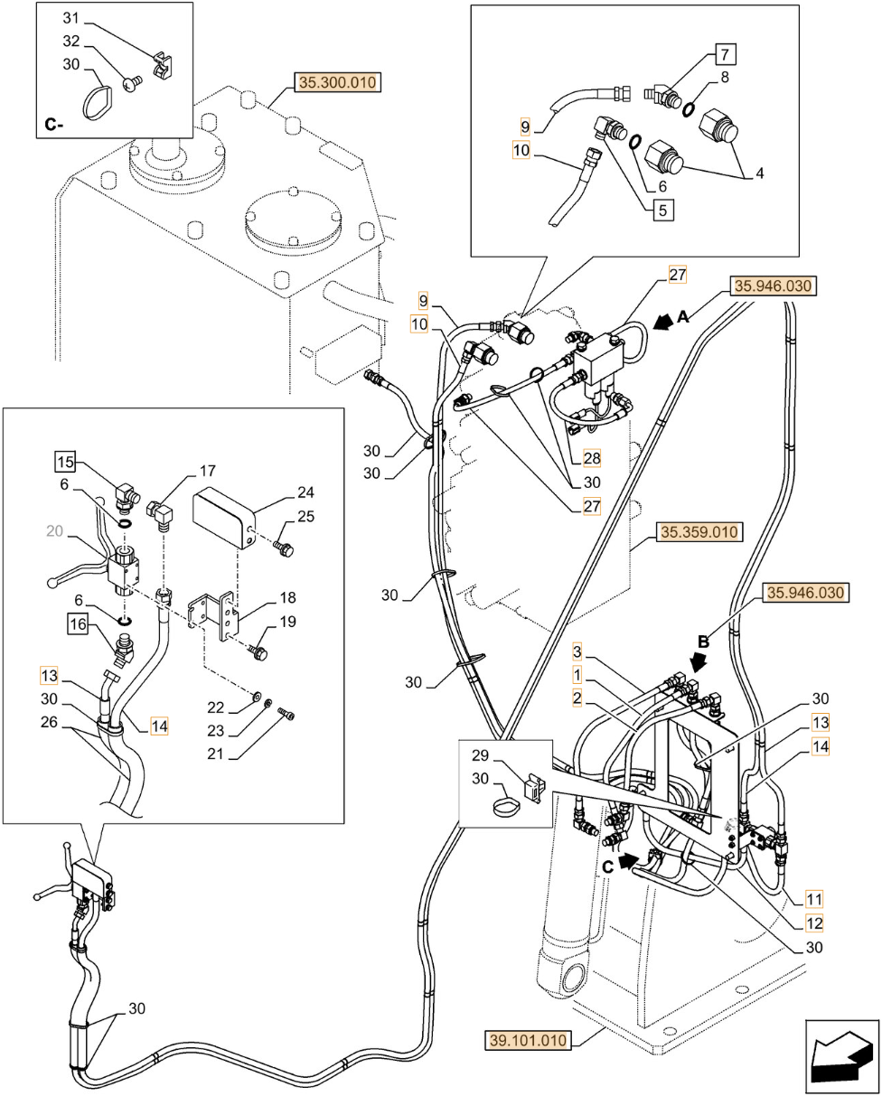 Case CX290D LC MH installation diagram showing hydraulic hose KHJ2084 at Pipe No. 28