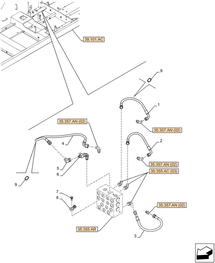 Case CX250D LC LR installation diagram showing hydraulic hose KHJ2195 at Pipe No. 4