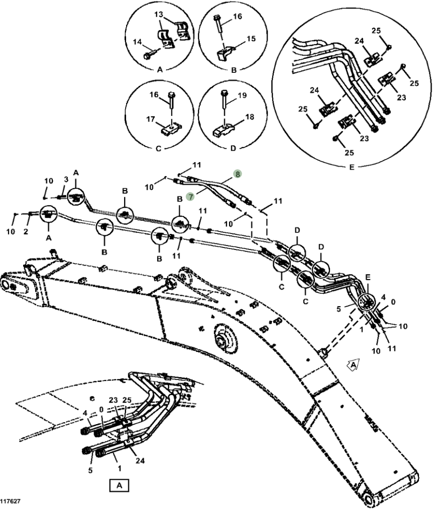 Hitachi ZX245USLC-5N installation diagram showing hydraulic hose 4676587 at Pipe No. 8