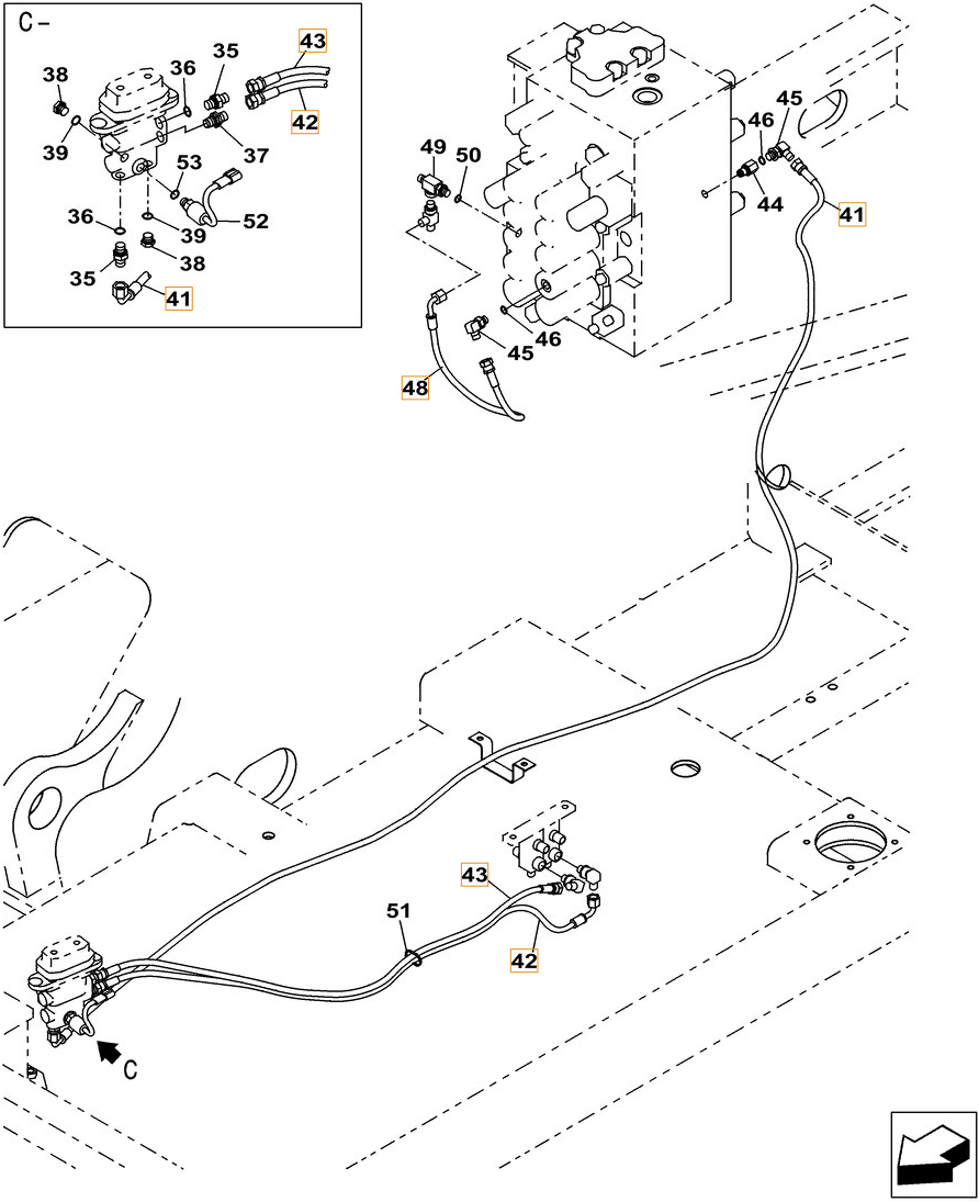 Case CX260C LC installation diagram showing hydraulic hose KHJ2092 at Pipe No. 42