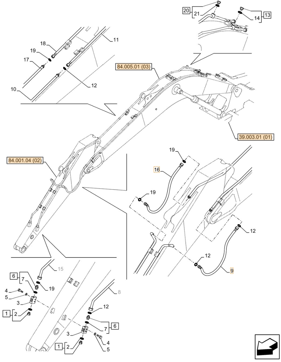 Case CX210C LC installation diagram showing hydraulic hose KRV19740 at Pipe No. 9