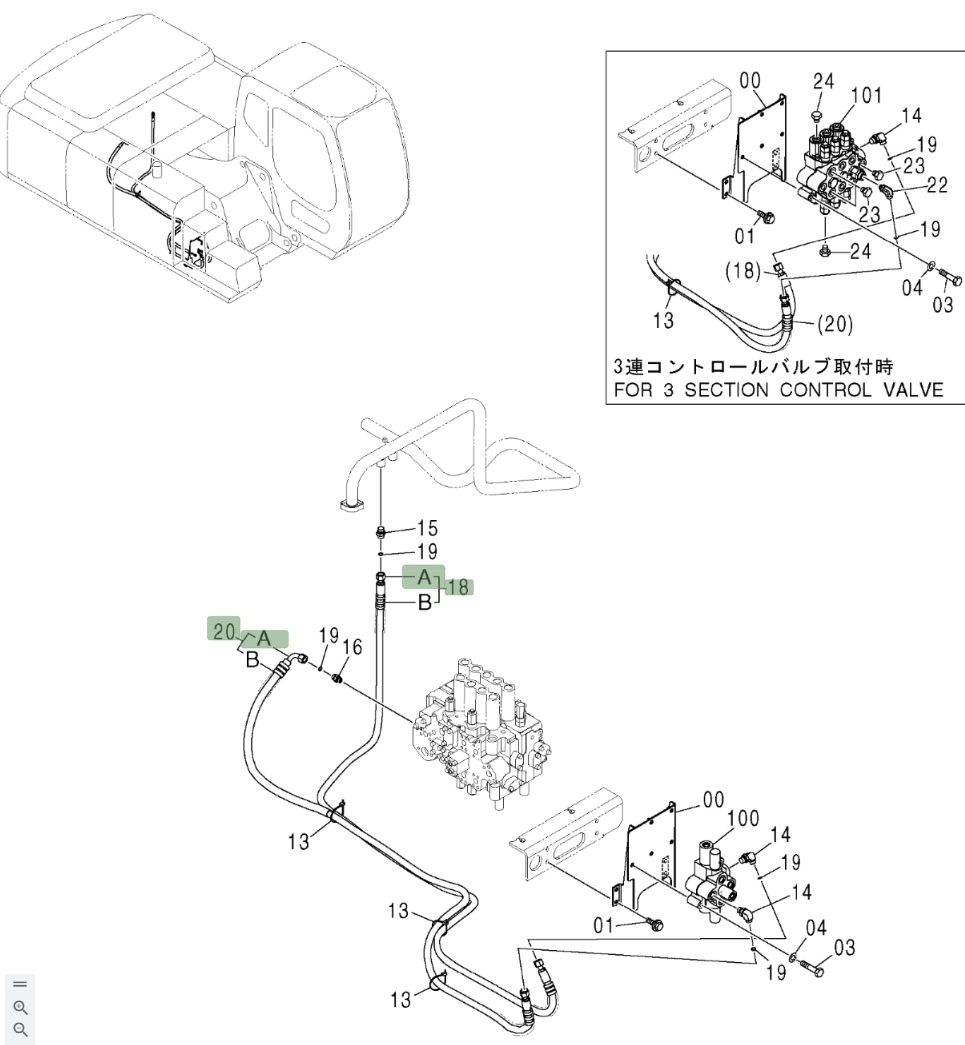 Hitachi ZX210W installation diagram showing hydraulic hose 4484097 at Pipe No. 18A