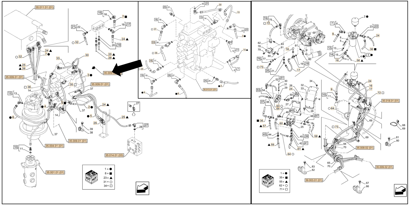 Case CX130C LC installation diagram showing hydraulic hose KHJ2086 at Pipe No. A32-C25