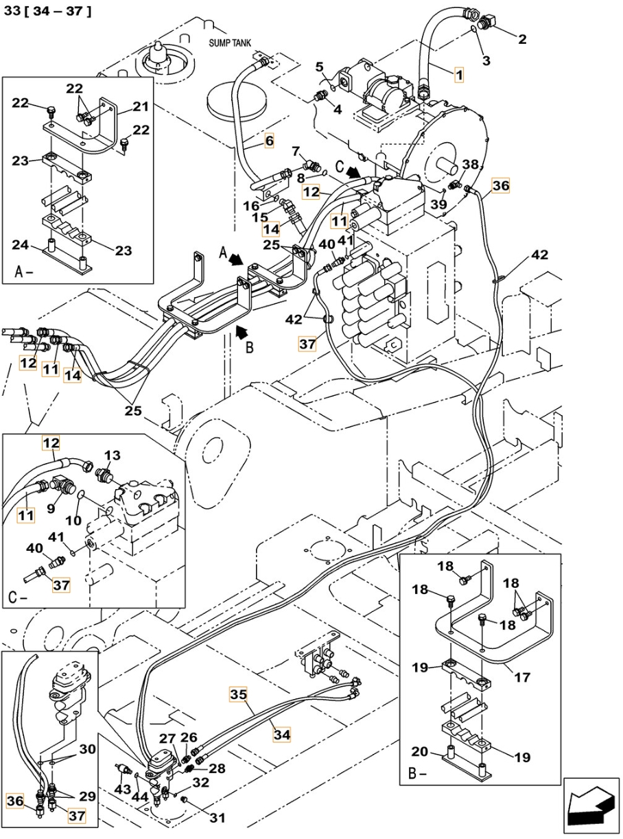 Case CX300C LC installation diagram showing hydraulic hose KHJ2088 at Pipe No. 35