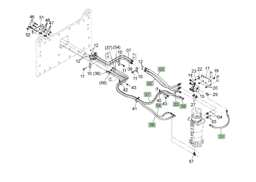 Hitachi ZX190W-3 installation diagram showing hydraulic hose 9271400 at Pipe No. 54