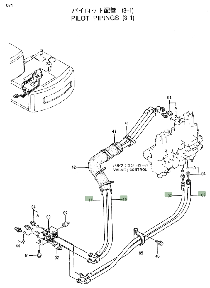 Hitachi EX100M-3 installation diagram showing hydraulic hose 4269942 at Pipe No. 9