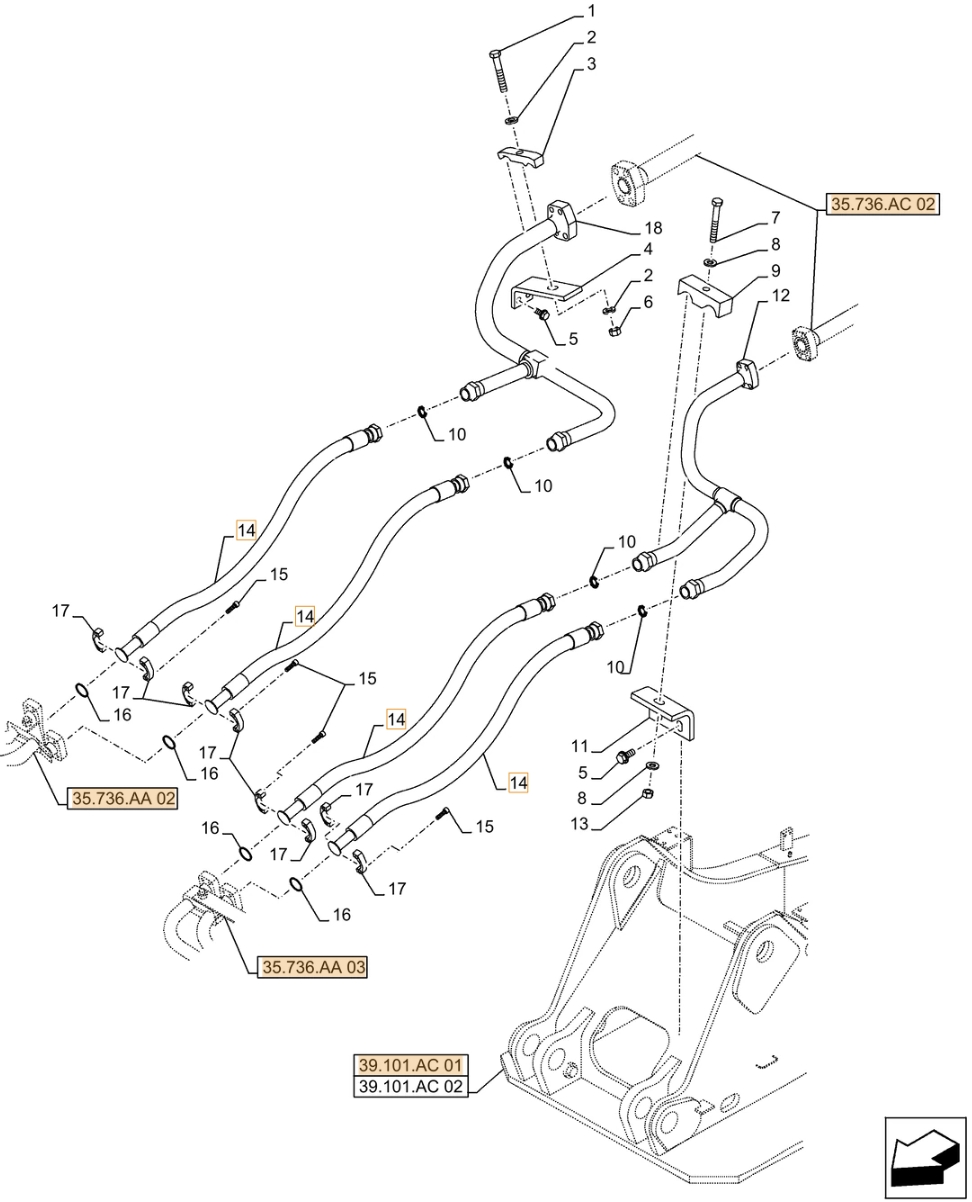 Case CX500D LC installation diagram showing hydraulic hose KTJ13470 at Pipe No. 14