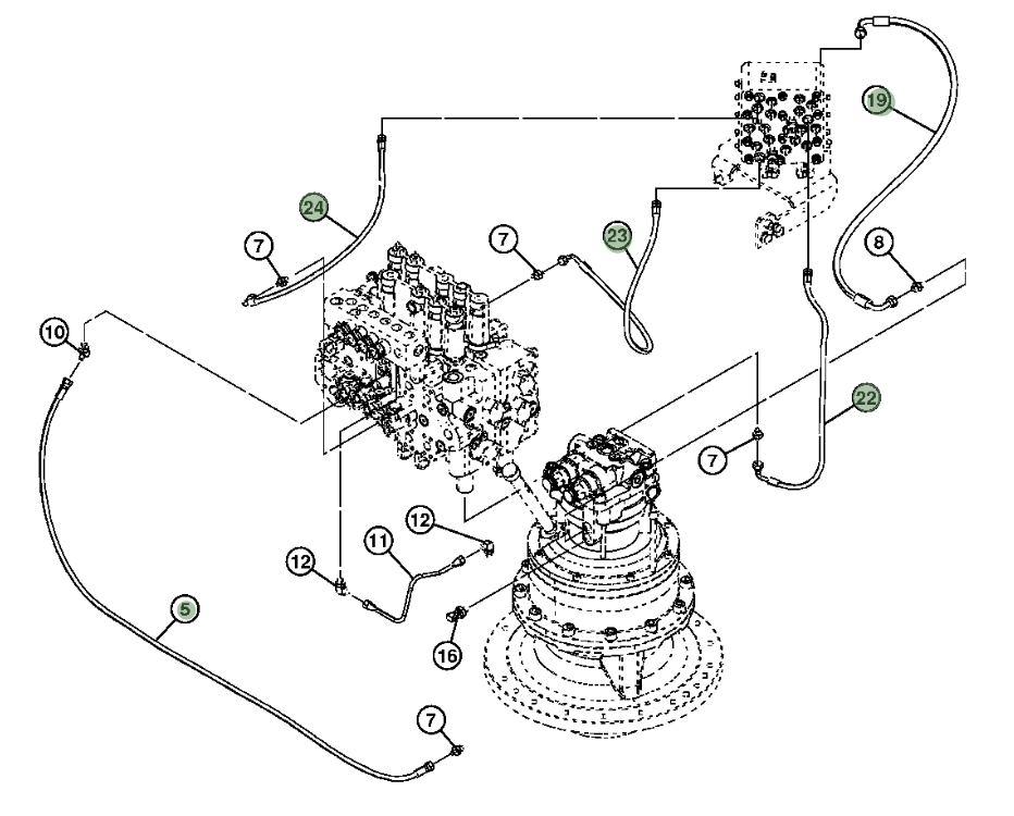 Hitachi ZX200LC-3 installation diagram showing hydraulic hose 4427111 at Pipe No. 24