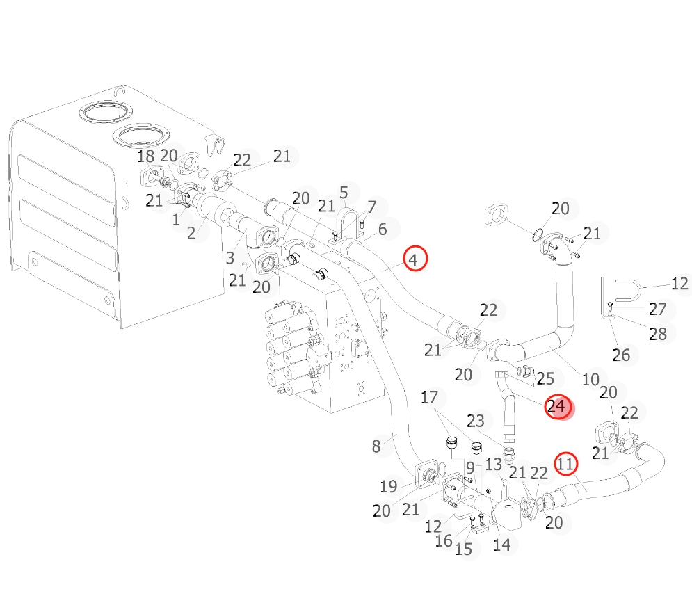 Sunward SWE470E-3 installation diagram showing hydraulic hose 730502006629 at Pipe No. 11