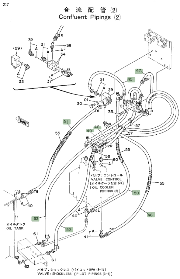 Hitachi EX150 installation diagram showing hydraulic hose 4218419 at Pipe No. 46