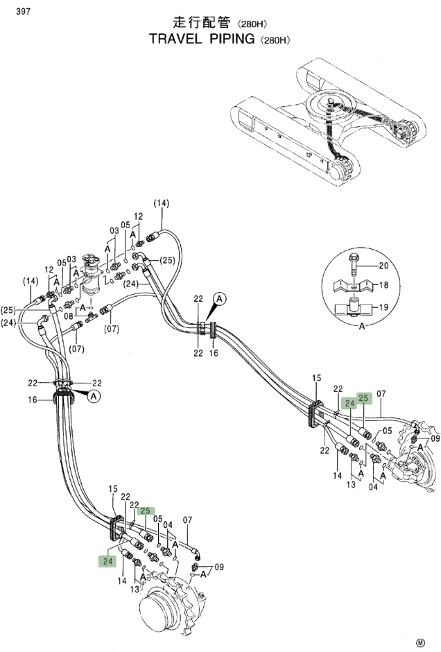Hitachi EX270LC-5 installation diagram showing hydraulic hose 4294424 at Pipe No. 25