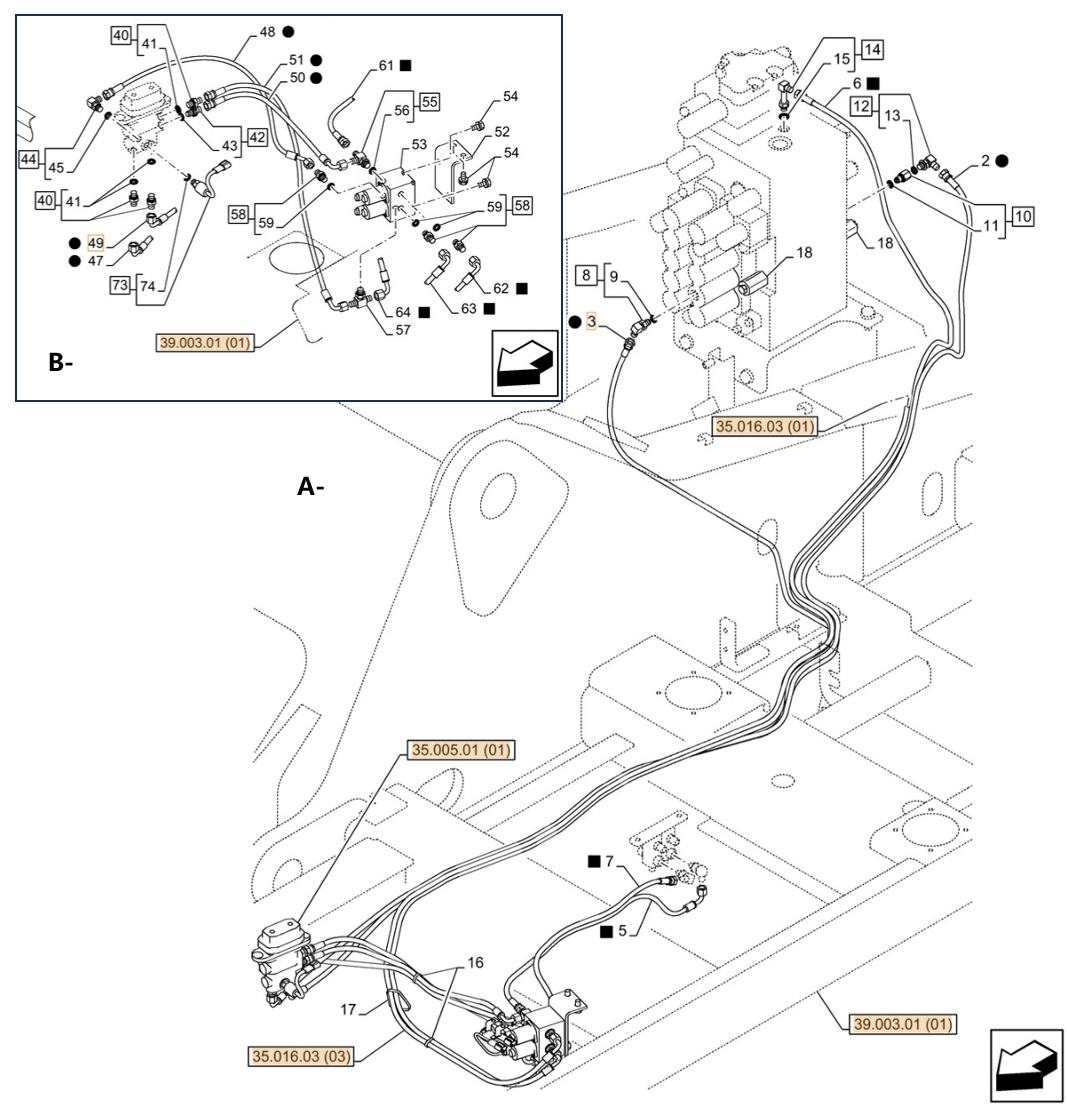 Case CX350C LC installation diagram showing hydraulic hose KHJ2581 at Pipe No. A3-B49