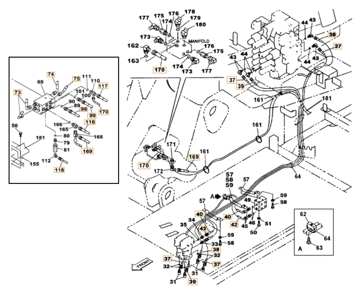 Case CX230 installation diagram showing hydraulic hose 159019A1 at Pipe No. 40