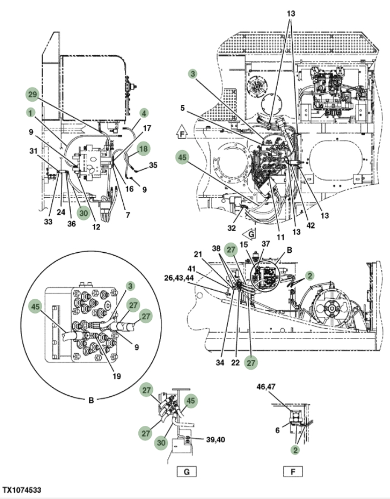 Hitachi ZX290F-3 installation diagram showing hydraulic hose 4611725 at Pipe No. 45