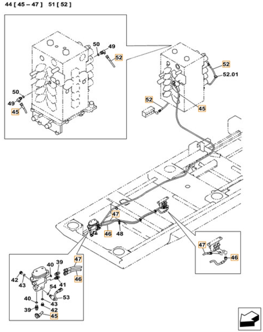 Case CX470C installation diagram showing hydraulic hose KHJ25060 at Pipe No. 45