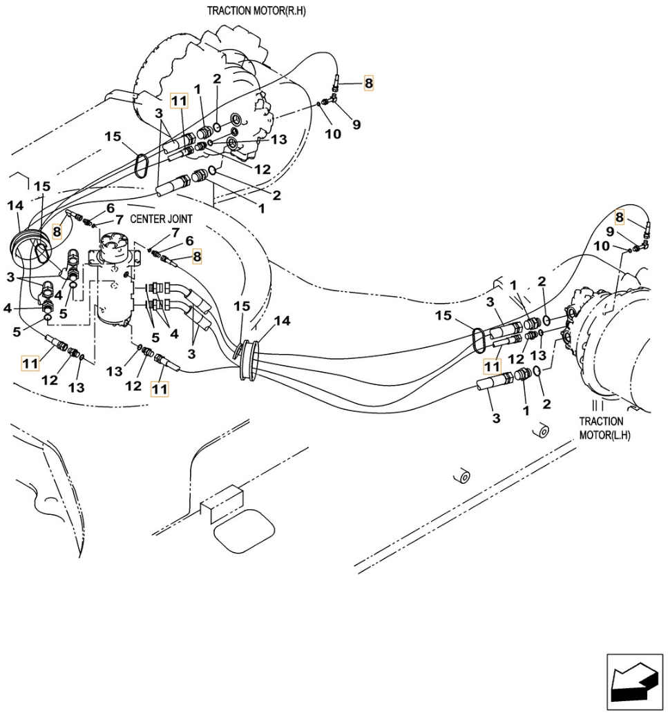 Case CX240C installation diagram showing hydraulic hose 152435A1 at Pipe No. 11