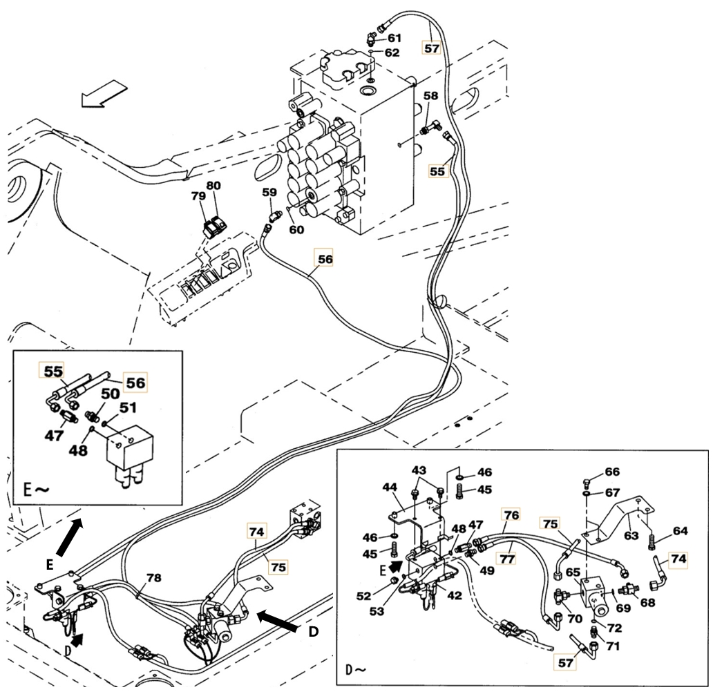 Case CX240BLR installation diagram showing hydraulic hose KHJ2165 at Pipe No. 56