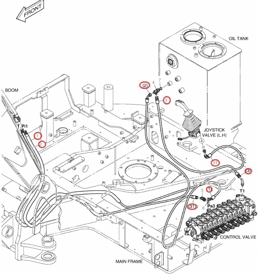 Doosan DX85R-3 installation diagram showing hydraulic hose DS2093938 at Pipe No. 2