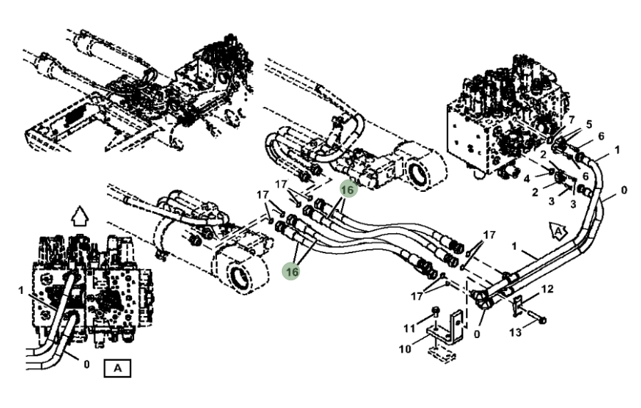Hitachi ZX190W-5N installation diagram showing hydraulic hose 4628918 at Pipe No. 16