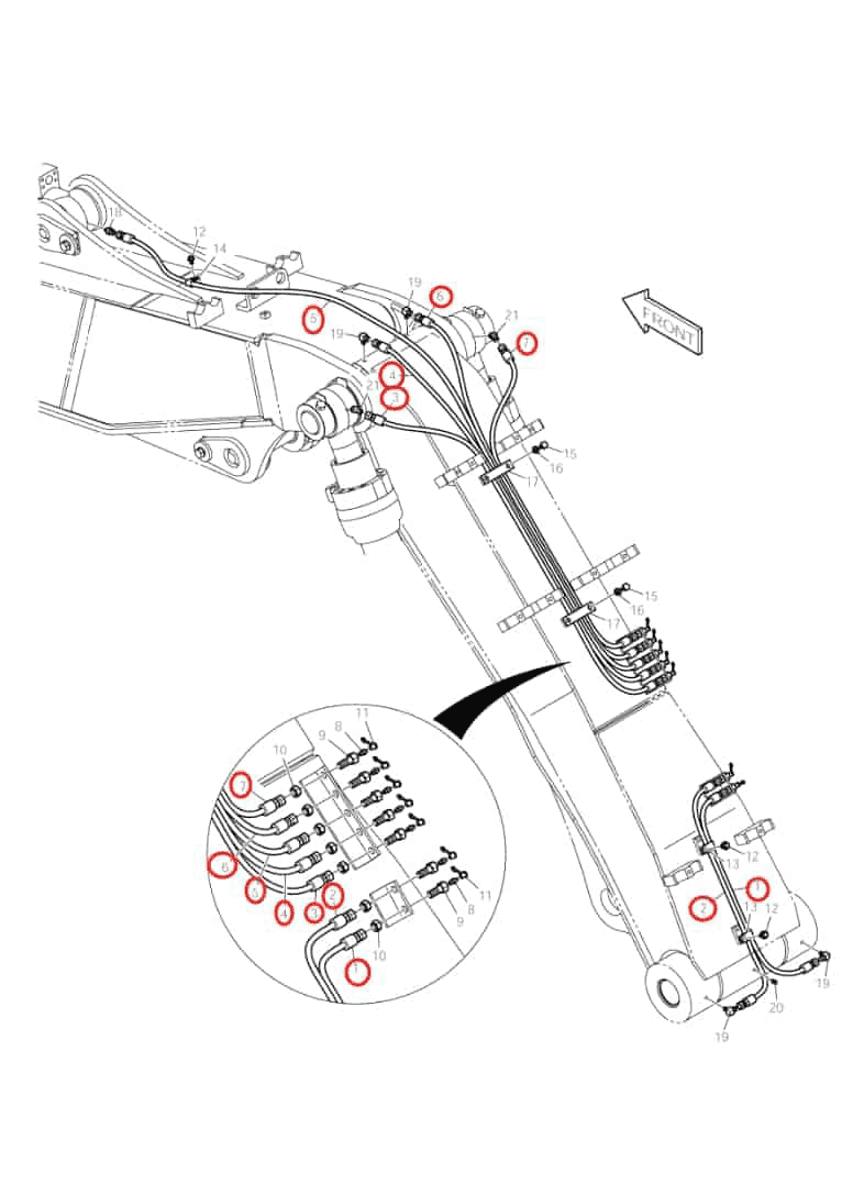 Doosan DX140LC installation diagram showing hydraulic hose 2184-1045D190 at Pipe No. 7