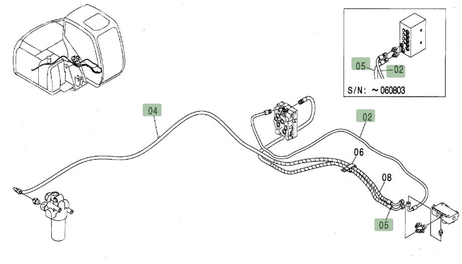 Hitachi ZX80 installation diagram showing hydraulic hose 4442040 at Pipe No. 5