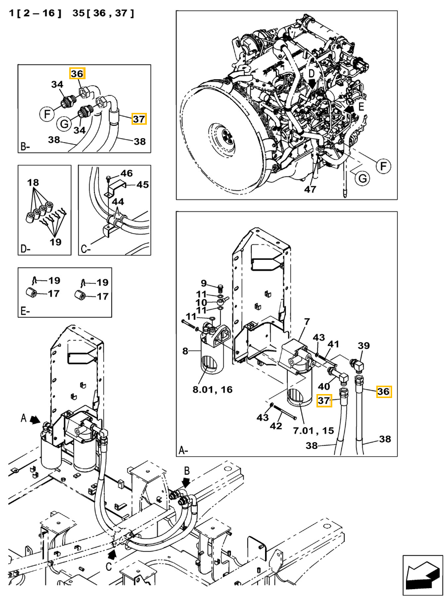 Case CX240C-8 installation diagram showing hydraulic hose KRH10330 at Pipe No. 37