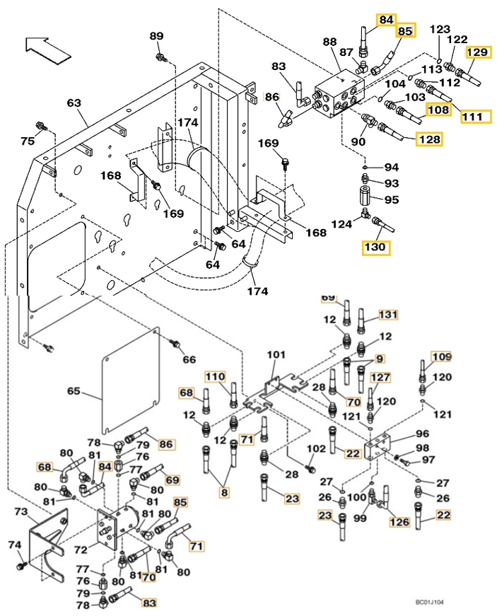 Case CX240 installation diagram showing hydraulic hose 168411A1 at Pipe No. 71