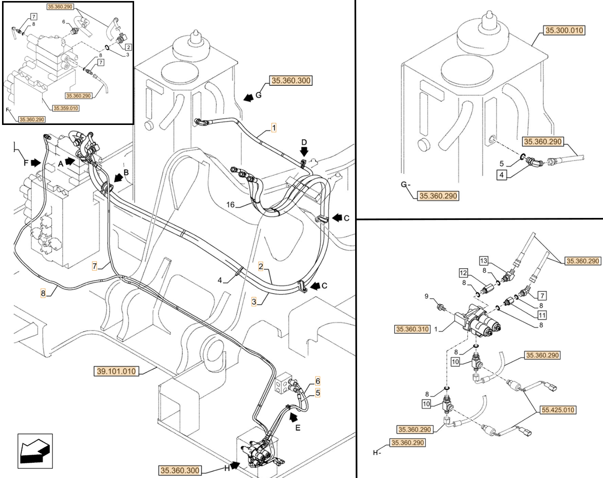 Case CX245D installation diagram showing hydraulic hose KHJ11480 at Pipe No. 8