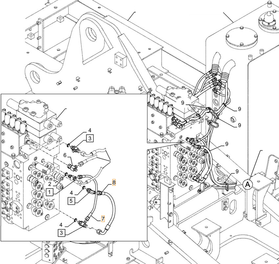 Case CX290D LC MH installation diagram showing hydraulic hose KHJ2149 at Pipe No. 8