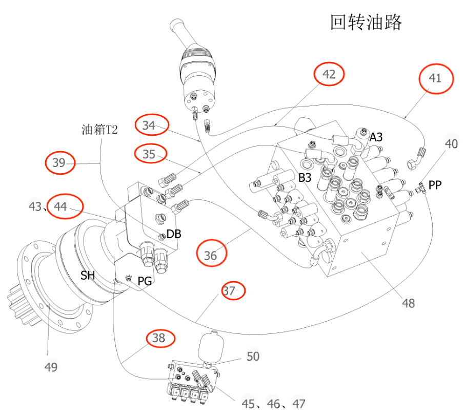 Sunward SWE150E installation diagram showing hydraulic hose 730502003028 at Pipe No. 39