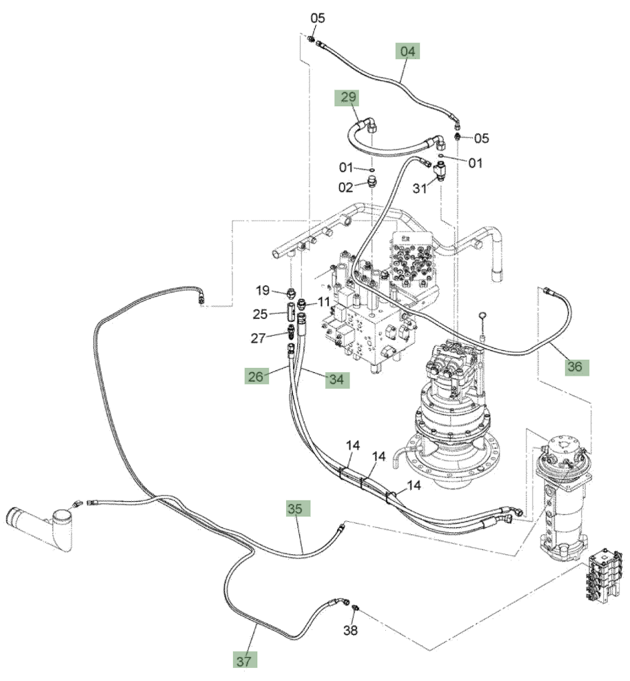 Hitachi ZX210W-3 installation diagram showing hydraulic hose 4606148 at Pipe No. 36