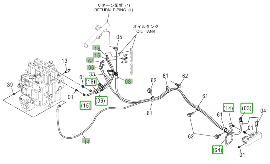 Hitachi ZX370 installation diagram showing hydraulic hose 4427152 at Pipe No. 6