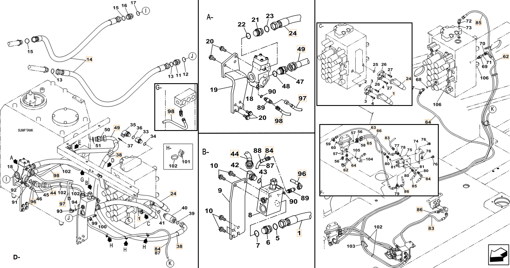 Case CX260C LC installation diagram showing hydraulic hose KHJ2085 at Pipe No. F65