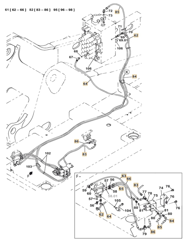 Case CX220C installation diagram showing hydraulic hose KHJ2194 at Pipe No. 66