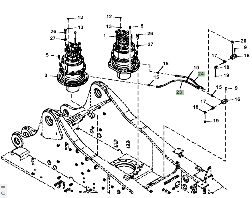 Hitachi ZX870LC-6 installation diagram showing hydraulic hose 4374024 at Pipe No. 24